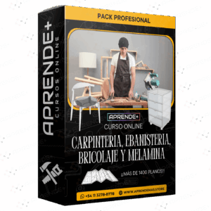 Caja del curso online de carpintería, ebanistería, bricolaje y melamina de Aprende+ con más de 1400 planos.